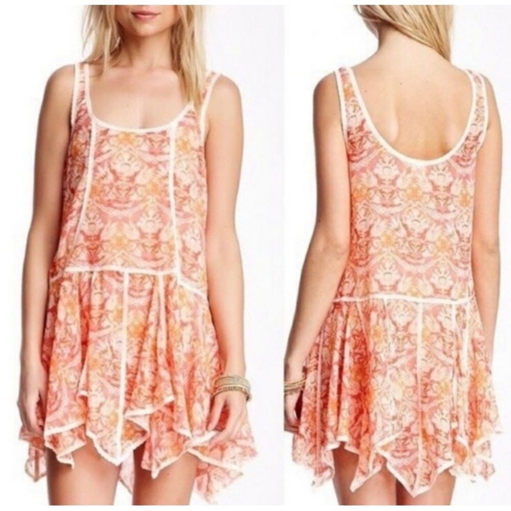 Free People Intimately Slip Dress Womens Small Orange Damask Lace Boho Cottage